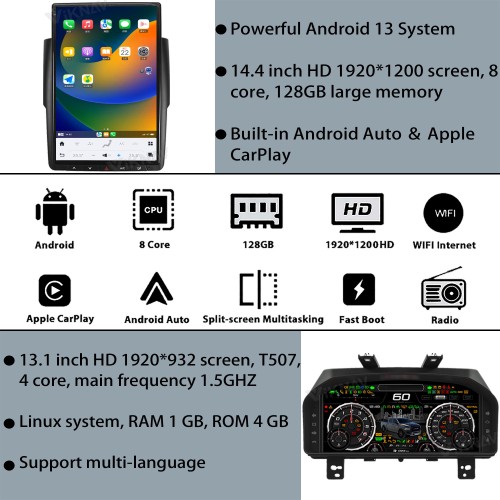Viknav 14.4 inch Touch Screen Android Car Radio For Dodge RAM 2013- 2018 Wireless Carplay GPS Navigation With 13.1 Inch Car Speedometer
